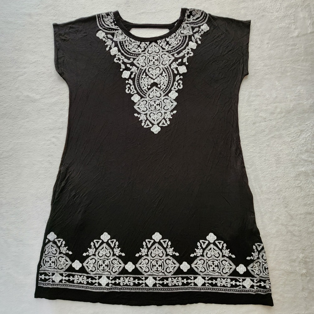Heimish Tunic Dress Womens 1X Black Boho Cutout Back Pockets Beach Coverup Pool